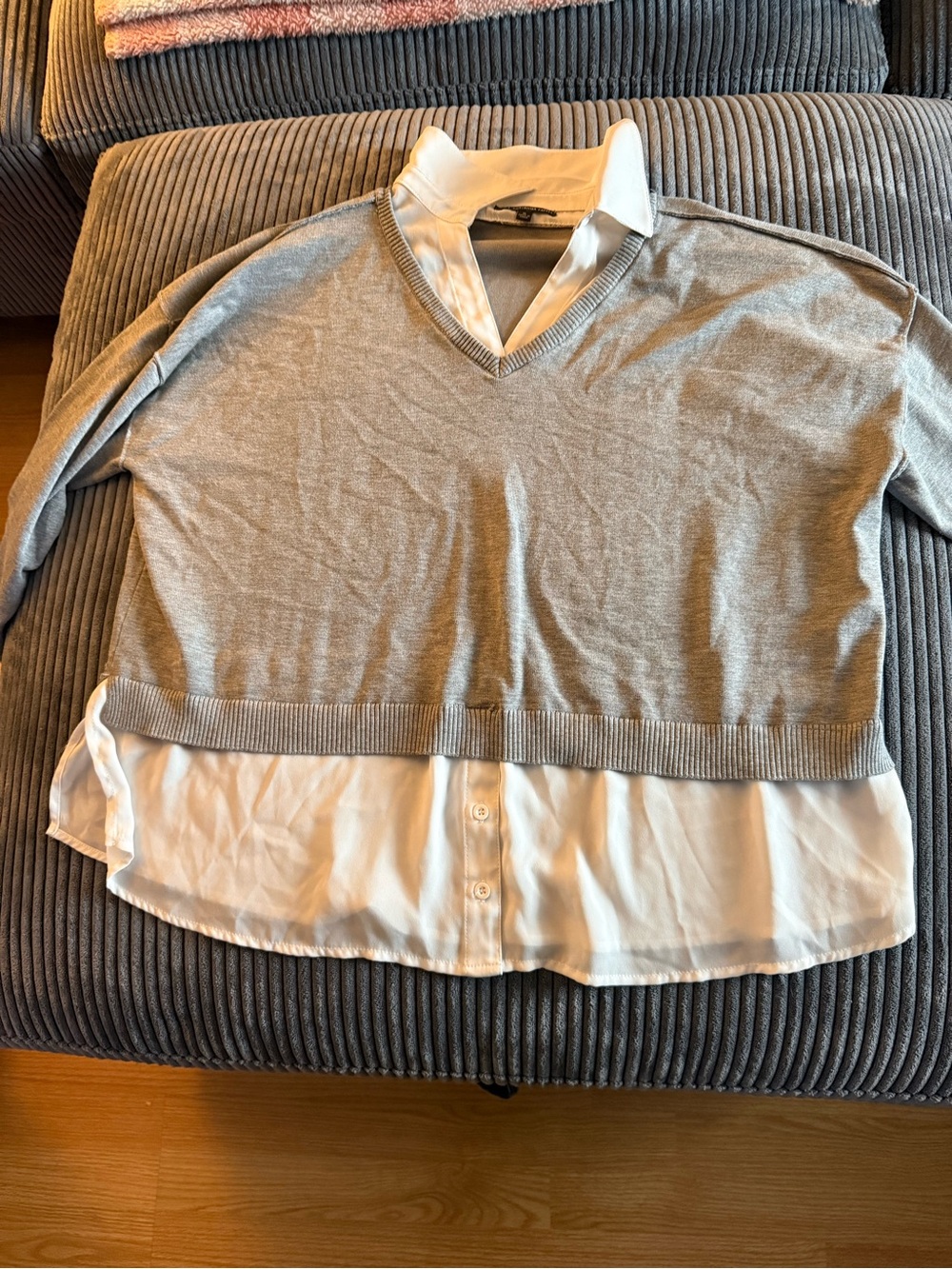 Adrianna Papell Gray Sweater Top with White Shirt Trim
